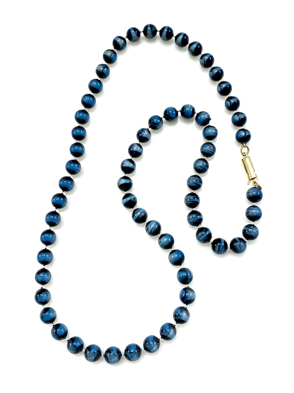 Vintage Blue Striped Marbled Lucite Bead Necklace Cobalt Swirl Round